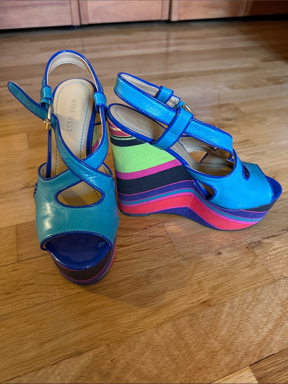 Nine West Teal and Blue Leather Multicolor Stripe Wedge Sandals